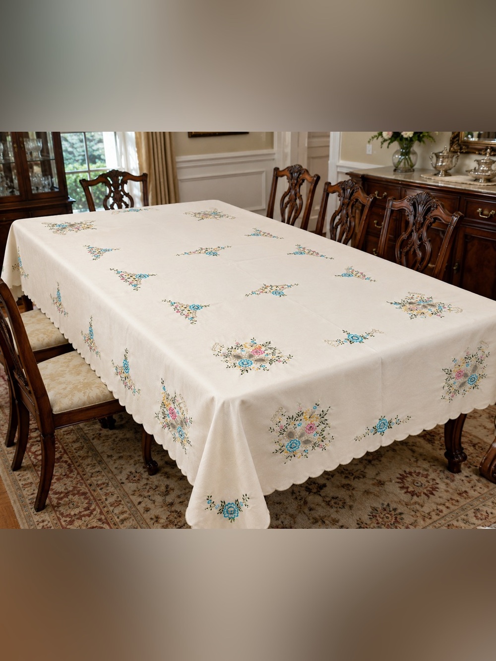 Vintage hand Embroidered Floral cut work tablecloth elegant cottage house